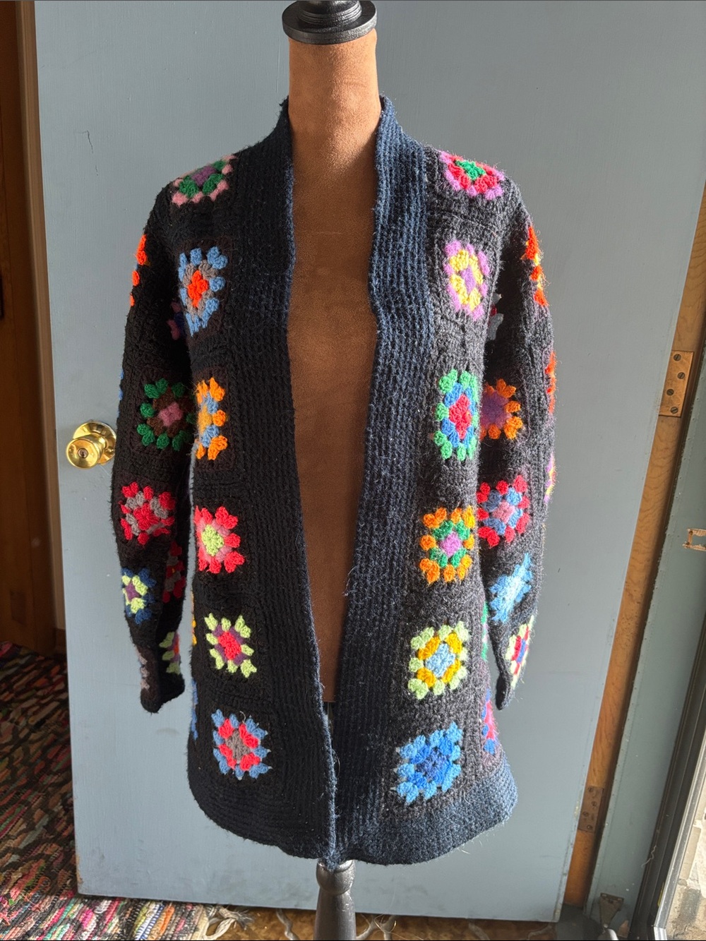 Black Multicolor Granny Square Cardigan - Cozy Open-Front Sweater